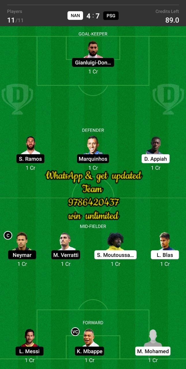 NAN vs PSG Dream11 Team fantasy Prediction Ligue 1