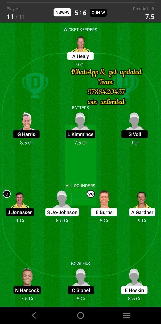 NSW-W vs QUN-W 4th Match Dream11 Team fantasy Prediction Australian Women's ODD