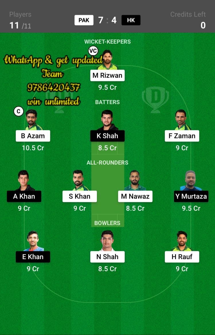 PAK vs HK 6th Match Dream11 Team fantasy Prediction Asia Cup T20I