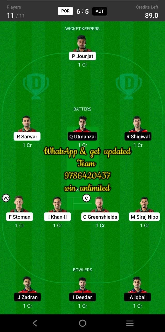 POR vs AUT 12th Match Dream11 Team fantasy Prediction Dream11 ECC - International T10