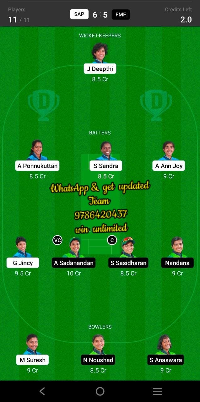 SAP vs EME 10th Match Dream11 Team fantasy Prediction KCA Women's T20 Challengers