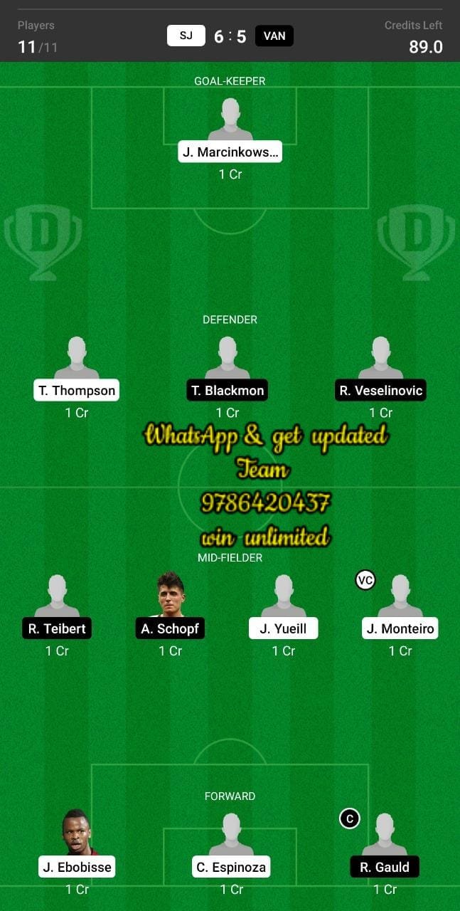 SJ vs VAN Dream11 Team fantasy Prediction Major League Soccer