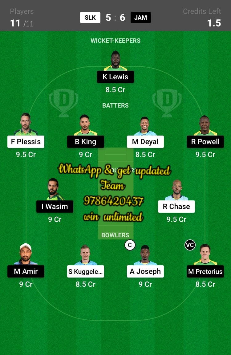 SLK vs JAM 9th Match Dream11 Team fantasy Prediction Hero CPL T20