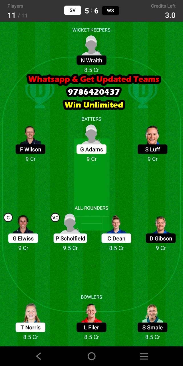 SV vs WS 19th Match Dream11 Team fantasy Prediction English Womens One-Day Trophy