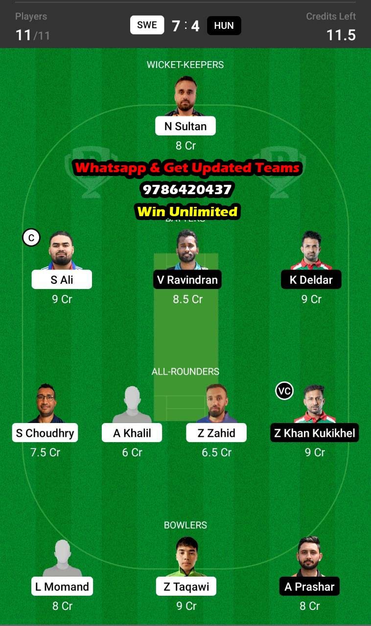 SWE vs HUN 15th Match Dream11 Team fantasy Prediction Dream11 ECC International T10