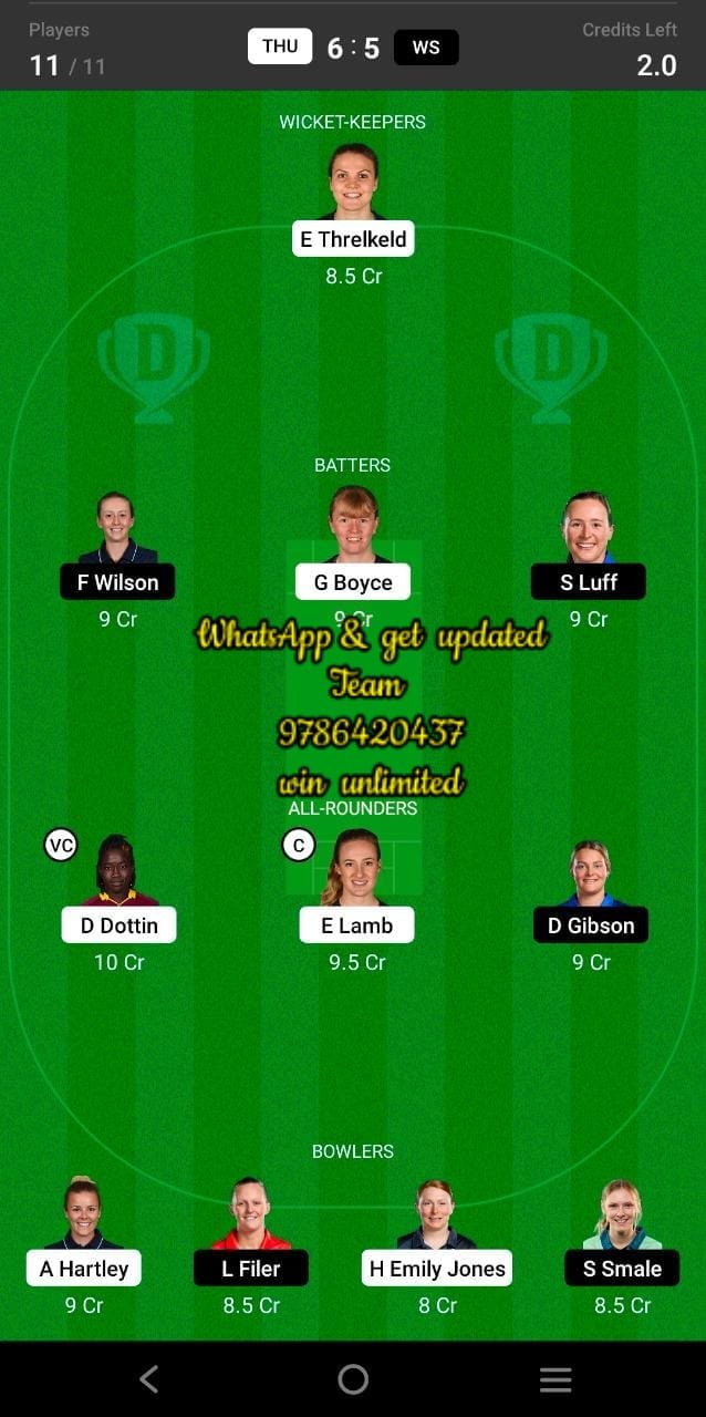 THU vs WS 25th Match Dream11 Team fantasy Prediction English Women's One-Day Trophy