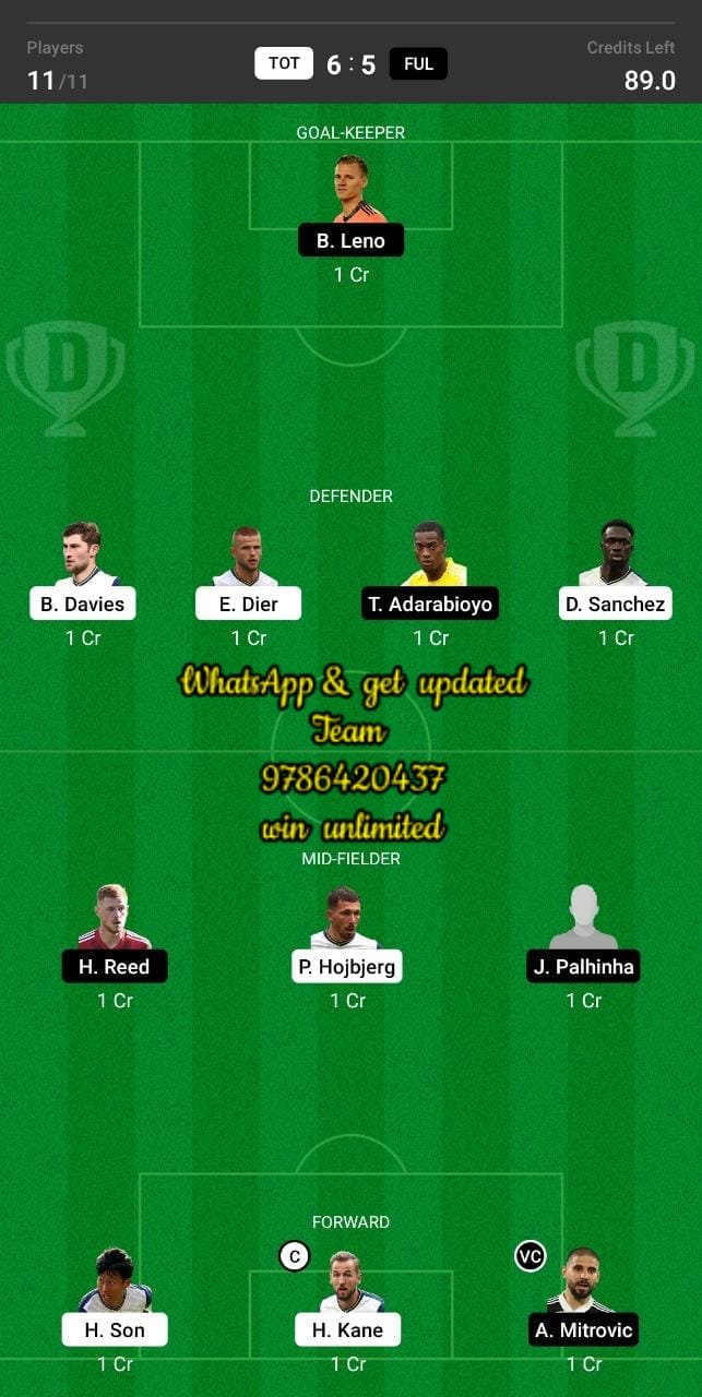 TOT vs FUL Dream11 Team fantasy Prediction Premier League