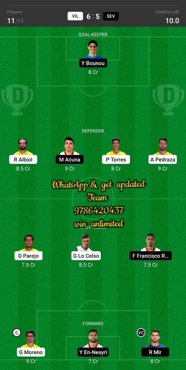 VIL vs SEV Dream11 Team fantasy Prediction La Liga