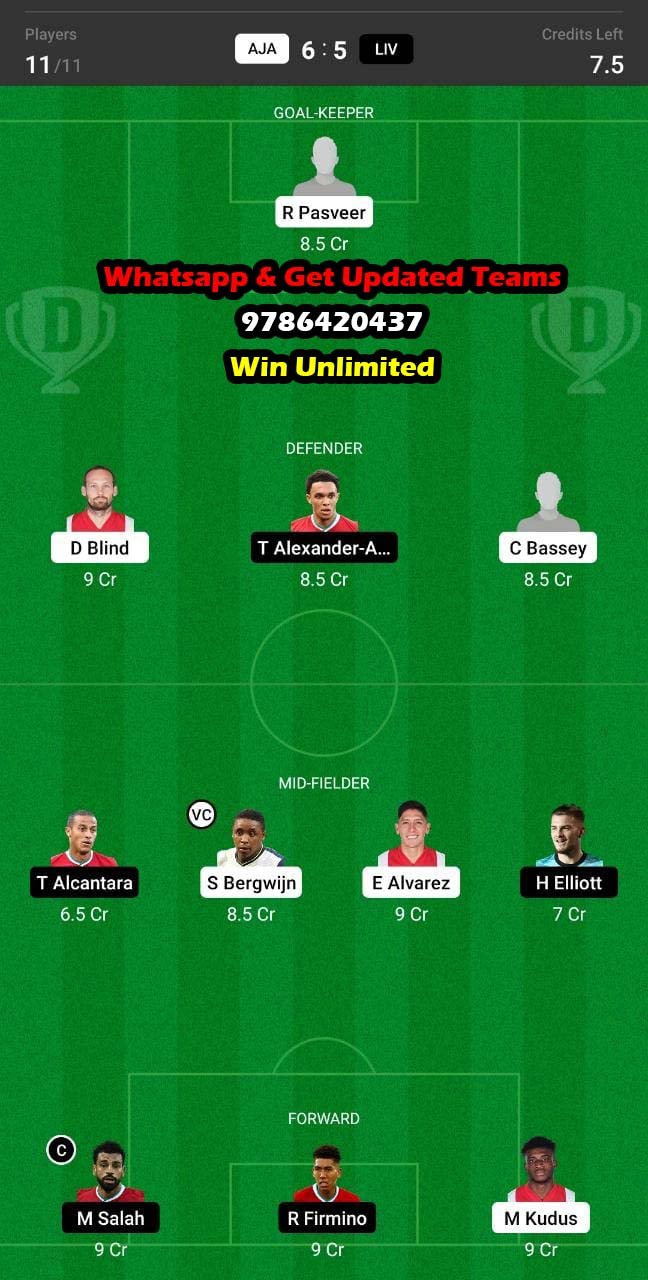 AJA vs LIV Dream11 Team fantasy Prediction UEFA Champions League