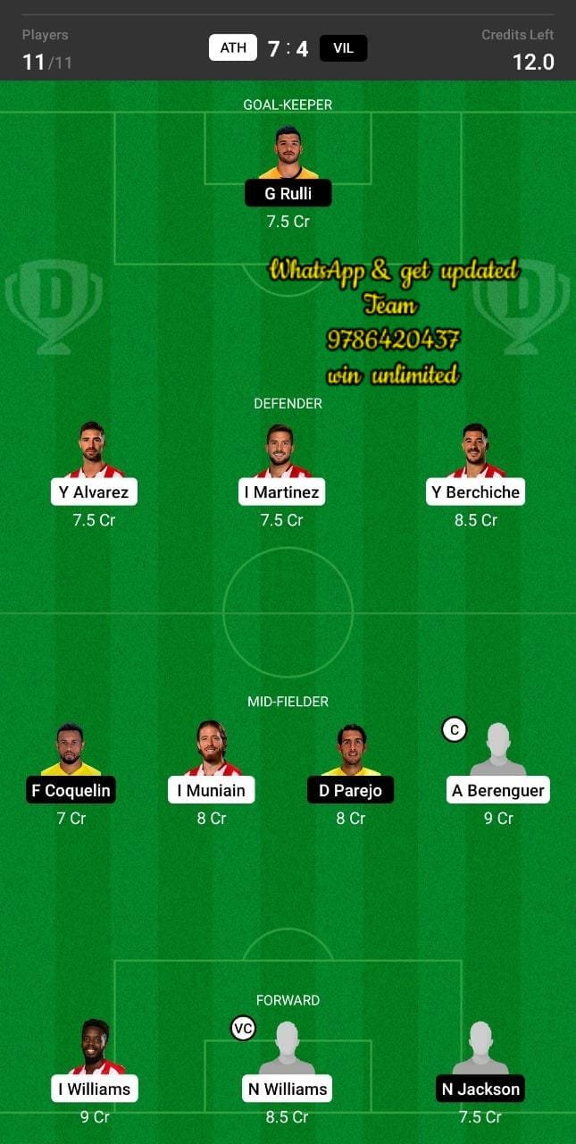 ATH vs VIL Dream11 Team fantasy Prediction La Liga