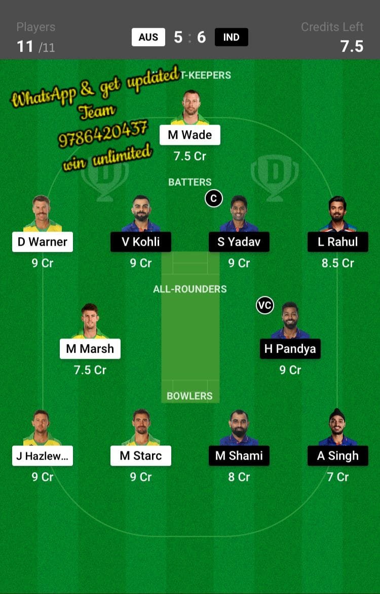 AUS vs IND Dream11 Team fantasy Prediction ICC Men's T20 World Cup Warm-up