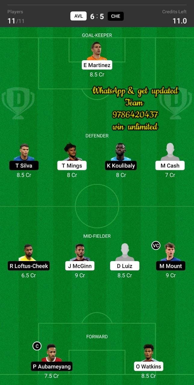 AVL vs CHE Dream11 Team fantasy Prediction Premier League