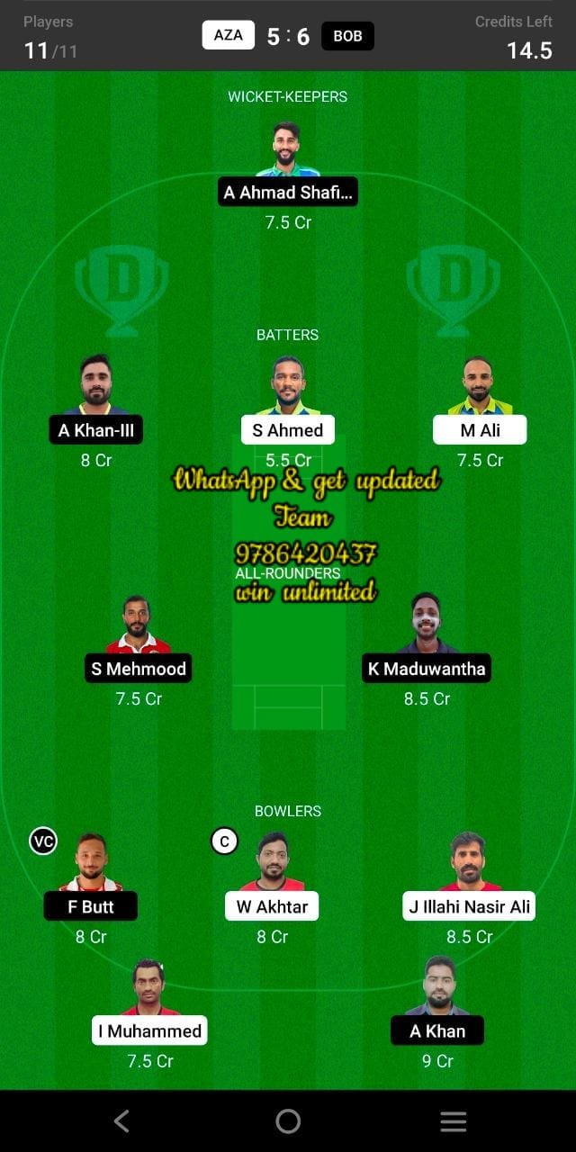 AZA vs BOB 7th Match Dream11 Team fantasy Prediction Oman D10