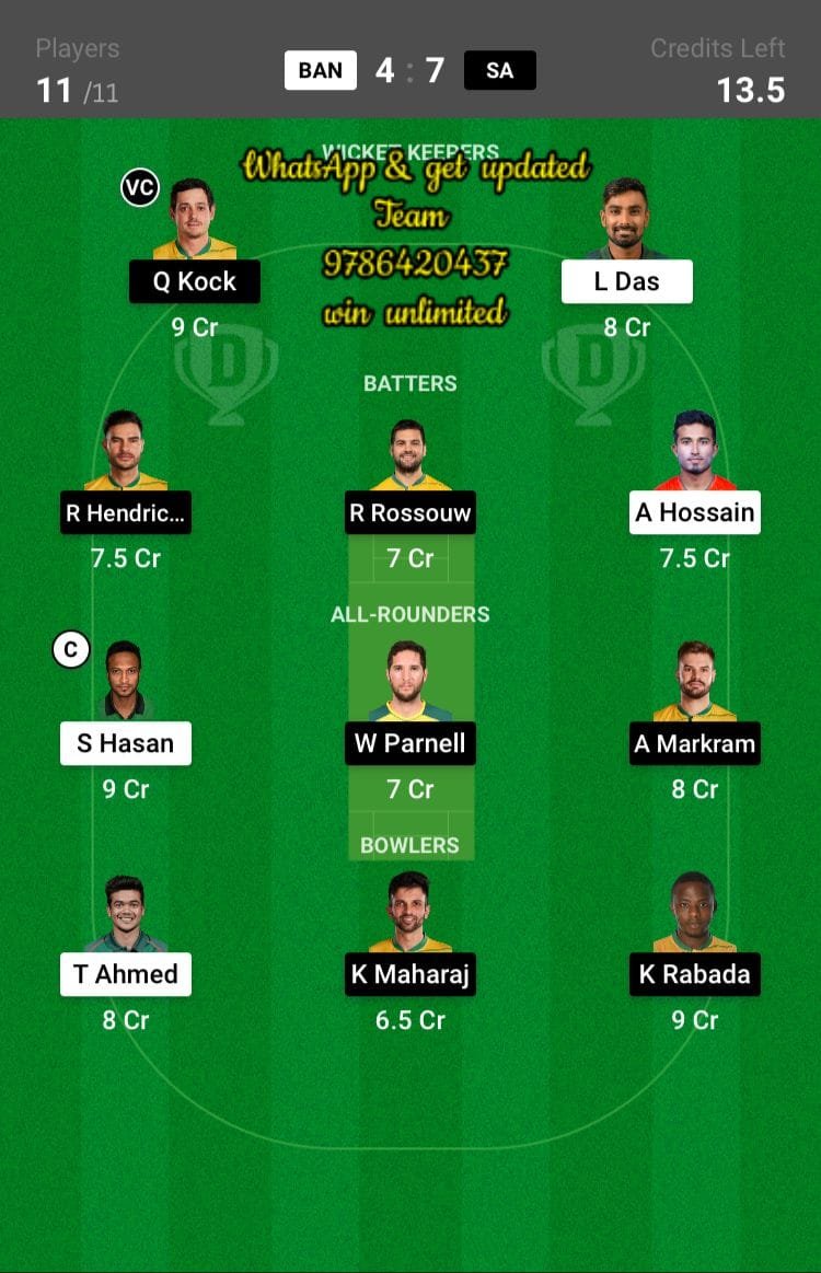 BAN vs SA 14th Match Dream11 Team fantasy Prediction ICC Men's T20 World Cup Warm-up