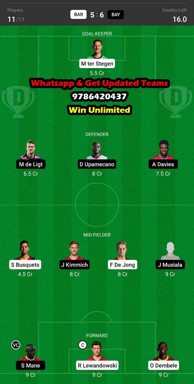 BAR vs BAY Dream11 Team fantasy Prediction UEFA Champions League