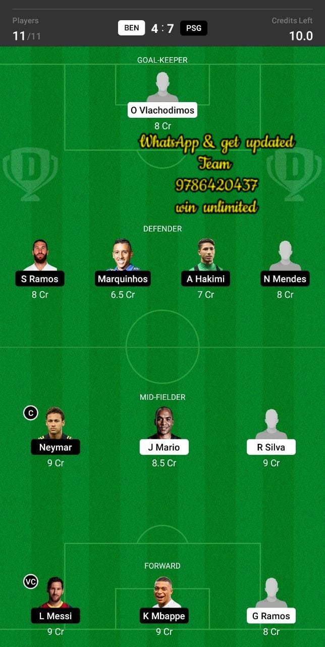 BEN vs PSG Dream11 Team fantasy Prediction UEFA Champions League