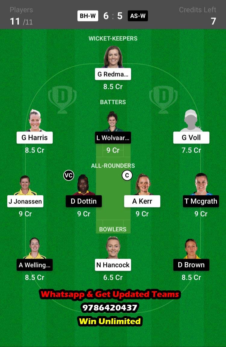 BH-W vs AS-W 19th Match Dream11 Team fantasy Prediction Weber WBBL T20