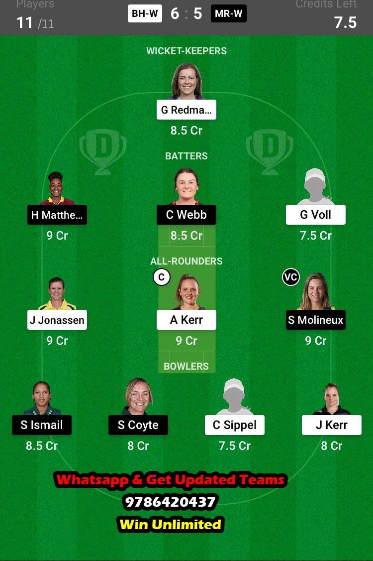 BH-W vs MR-W 9th Match Dream11 Team fantasy Prediction Weber WBBL T20