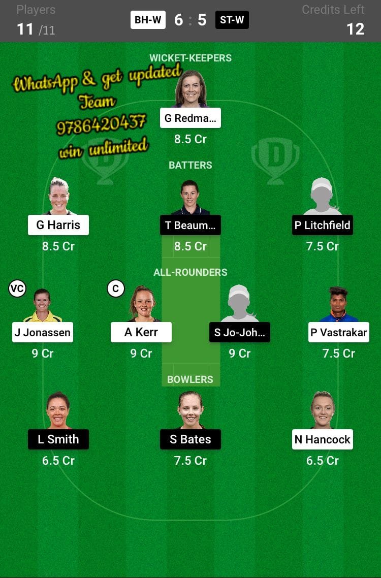 BH-W vs ST-W 18th Match Dream11 Team fantasy Prediction Weber WBBL T20