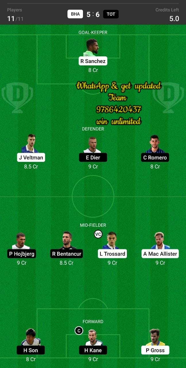 BHA vs TOT Dream11 Team fantasy Prediction Premier League