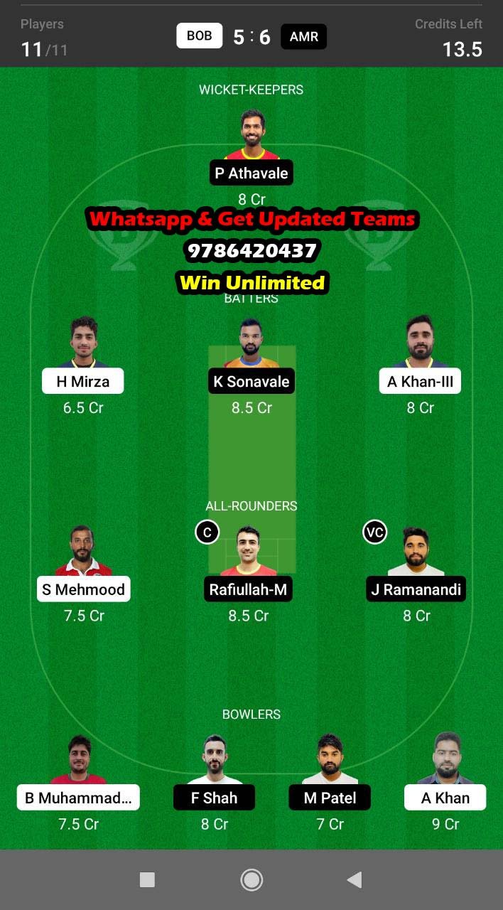 BOB vs AMR 28th Match Dream11 Team fantasy Prediction Oman D10