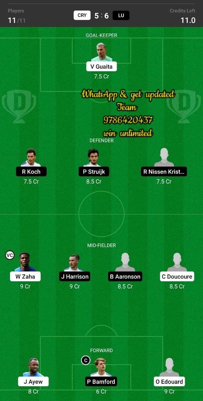 CRY vs LU Dream11 Team fantasy Prediction Premier League