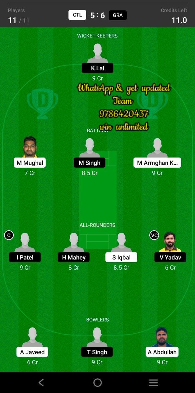 CTL vs GRA 8th Match Dream11 Team fantasy Prediction FanCode ECT10 Spain