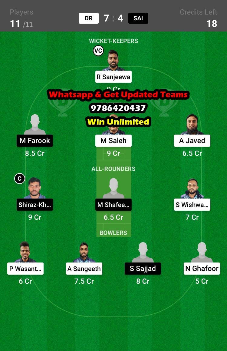 DR VS SAI 18th Match Dream11 Team fantasy Prediction KCC T20 Elite Championship