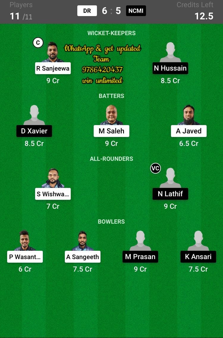 DR vs NCMI 22nd Match Dream11 Team fantasy Prediction KCC T-20 Elite Championship