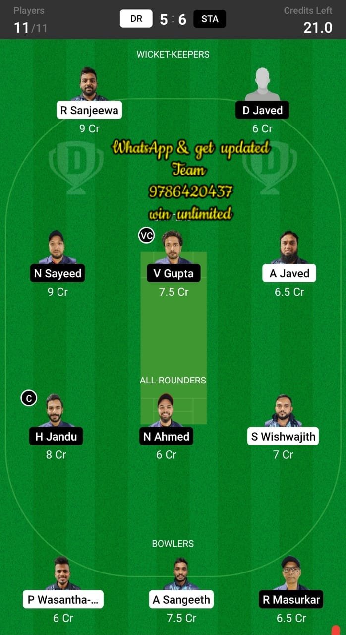 DR vs STA 33th Match Dream11 Team fantasy Prediction KCC T-20 Elite Championship