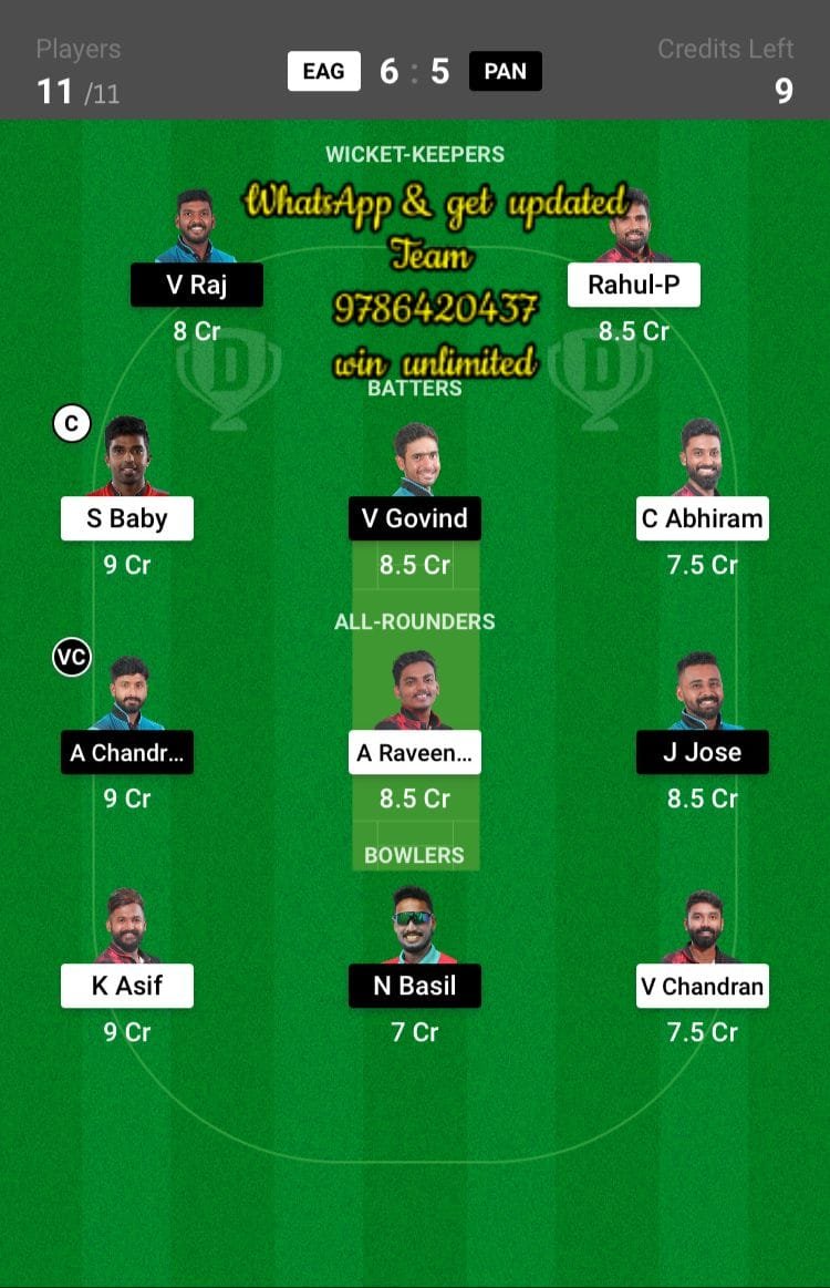 EAG vs PAN 30th Match Dream11 Team fantasy Prediction BYJU'S KCA President Cup T20