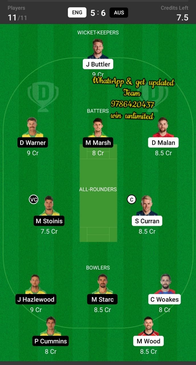 ENG vs AUS 26th Match Dream11 Team fantasy Prediction ICC Men's T20 World Cup