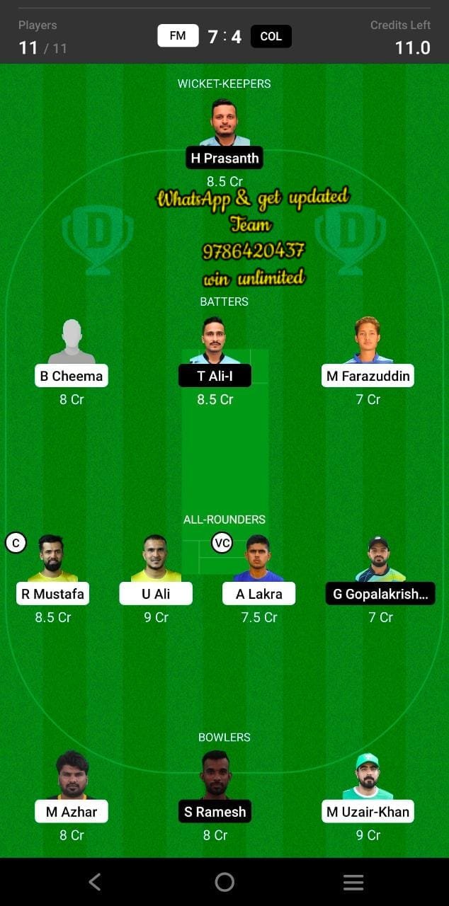 FM vs COL 13th Match Dream11 Team fantasy Prediction CBFS T20 League