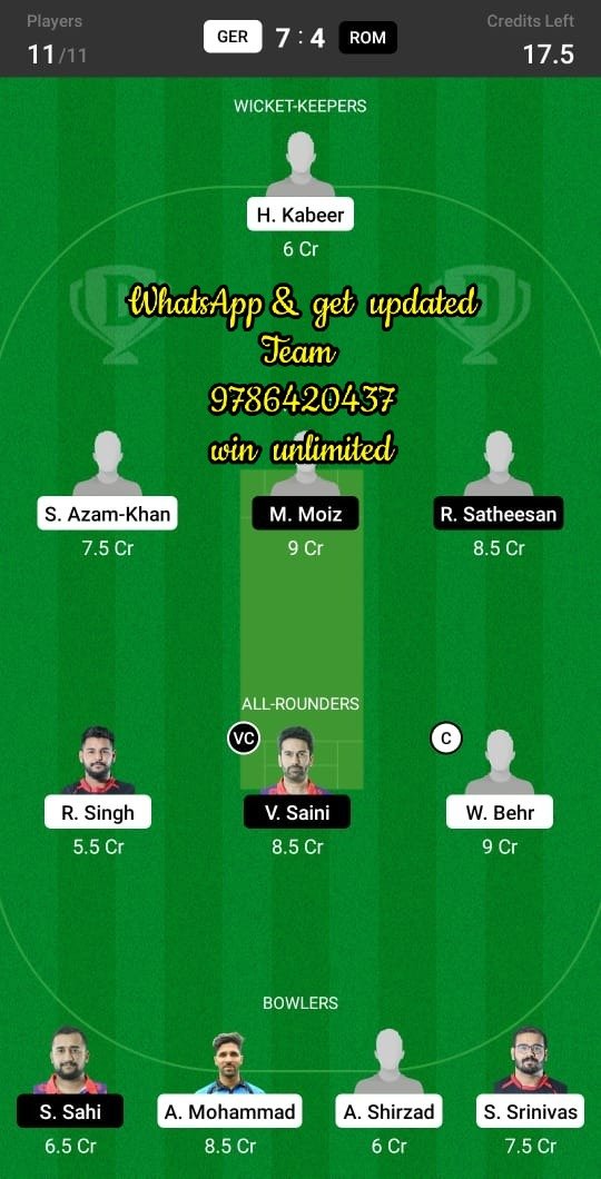 GER vs ROM 9th Match Dream11 Team fantasy Prediction Dream11 ECC - International T10