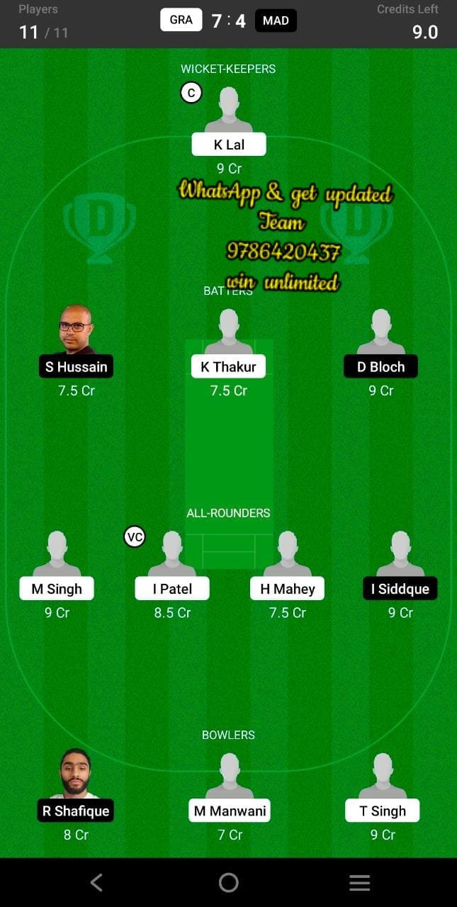 GRA vs MAD 27th Match Dream11 Team fantasy Prediction FanCode ECT10 Spain