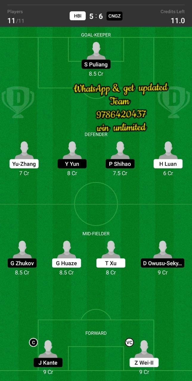 HBI vs CNGZ Dream11 Team fantasy Prediction Chinese Super League