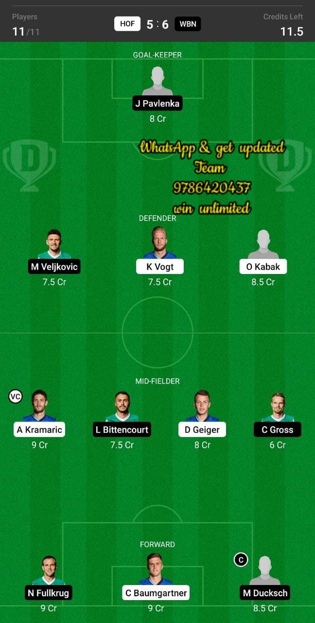 HOF vs WBN Dream11 Team fantasy Prediction Bundesliga