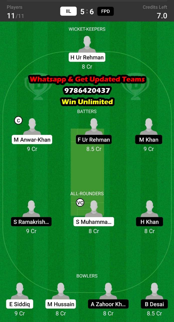 IIL vs FPD 13th Match Dream11 Team fantasy Prediction ICCA Arabian T20 League