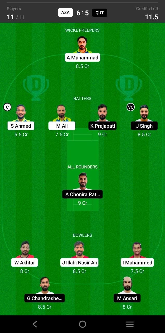 AZA vs QUT 16th Match Dream11 Team fantasy Prediction: Oman D10