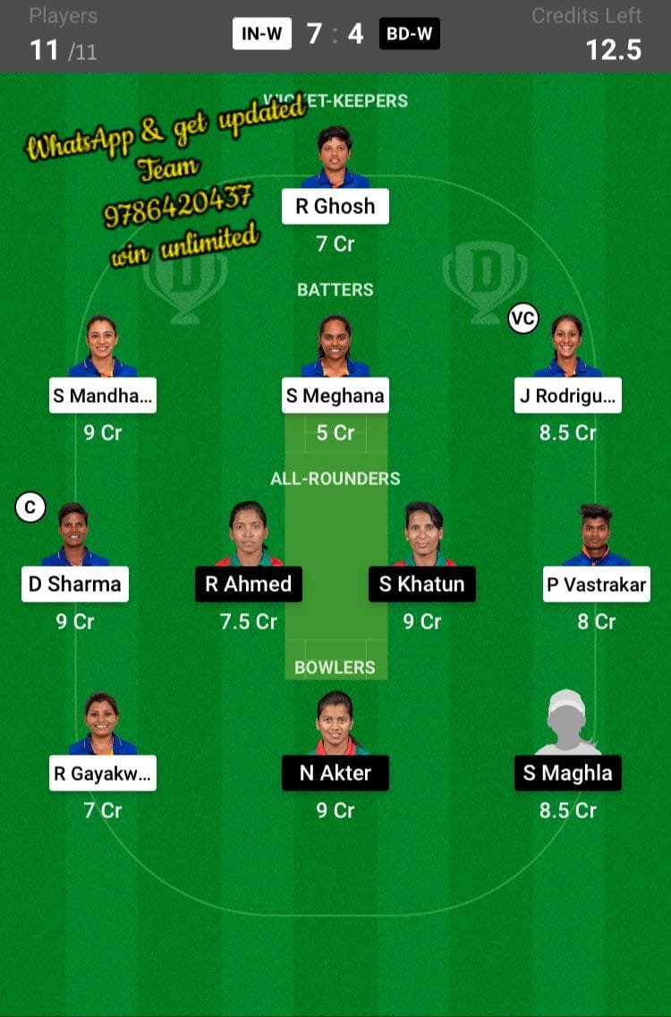 IN-W vs BD-W 15th Match Dream11 Team fantasy Prediction Women's Asia Cup T20