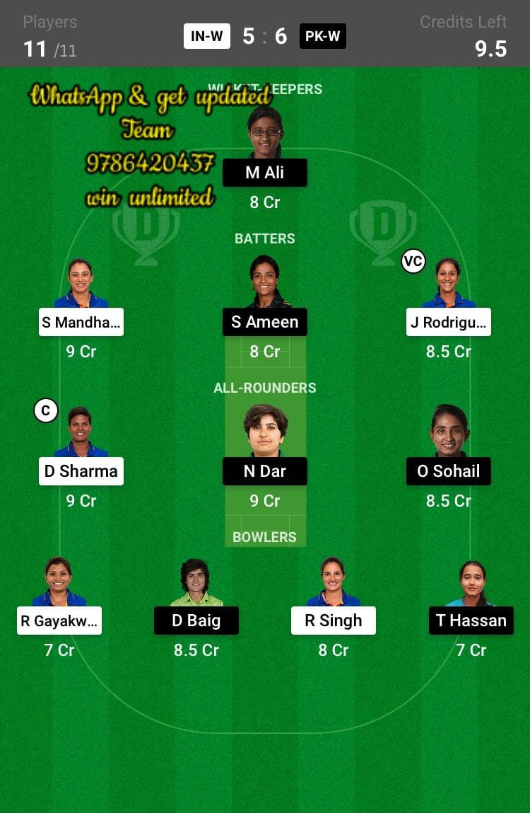 IN-W vs PAK-W 13th Match Dream11 Team fantasy Prediction Women's Asia Cup T20I