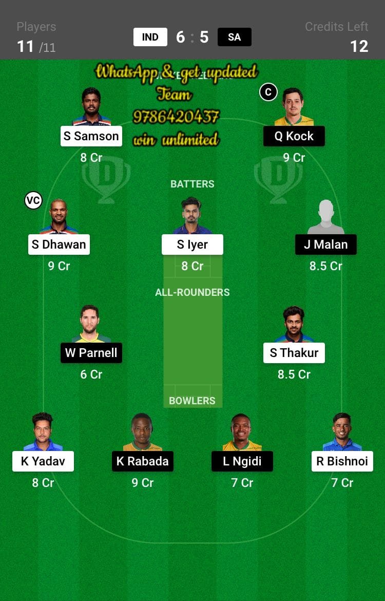 IND vs SA 2nd ODI Match Dream11 Team fantasy Prediction South Africa tour of India