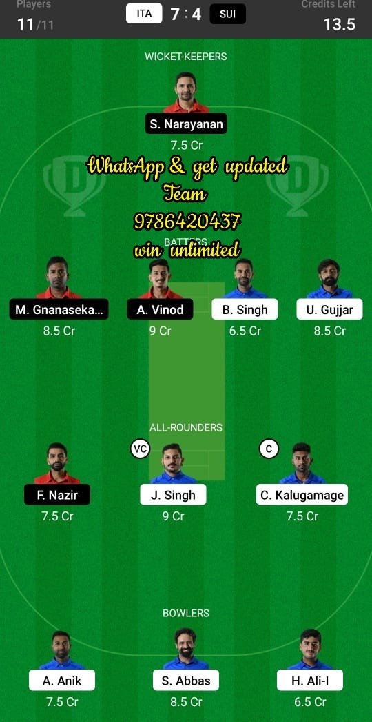 ITA vs SUI 14th Match Dream11 Team fantasy Prediction Dream11 ECC - International T10