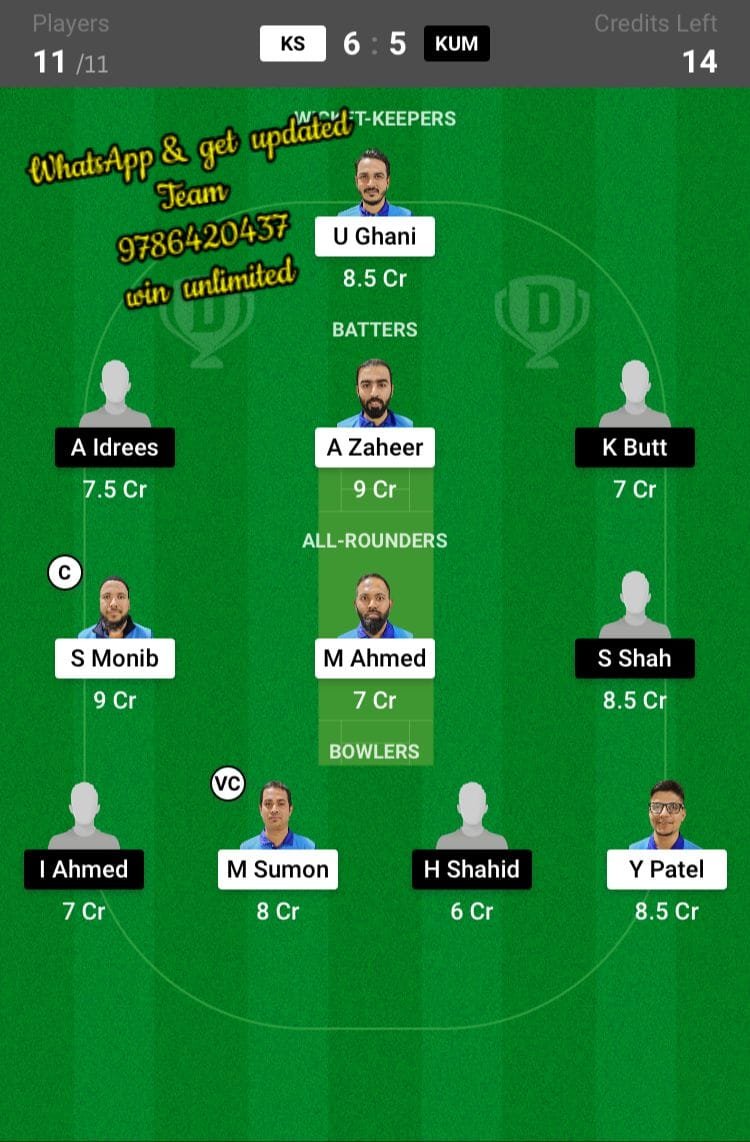 KS vs KUM 8th Match Dream11 Team fantasy Prediction KCC T-20 Elite Championship