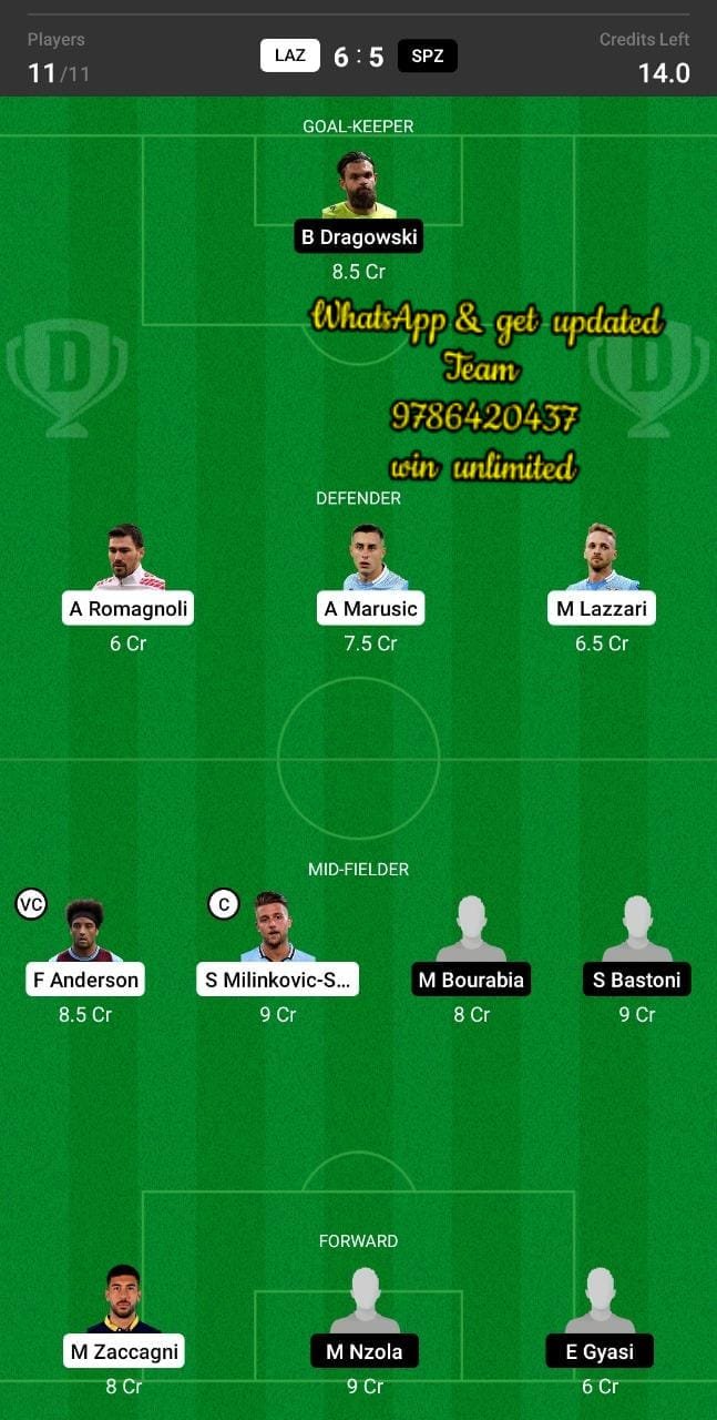 LAZ vs SPZ Dream11 Team fantasy Prediction Serie A