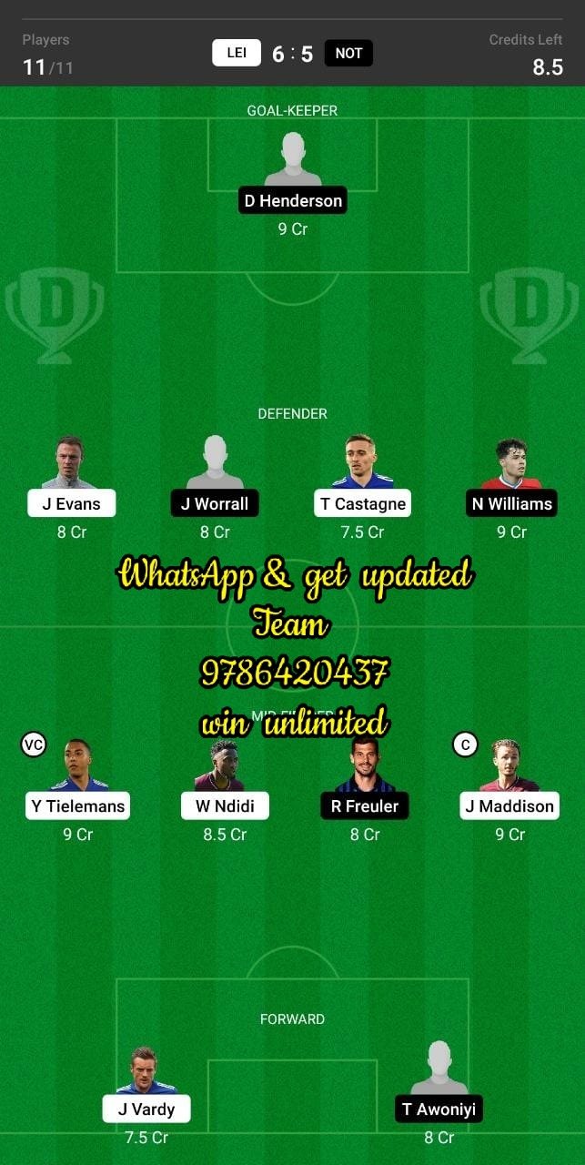 LEI vs NOT Dream11 Team fantasy Prediction Premier League