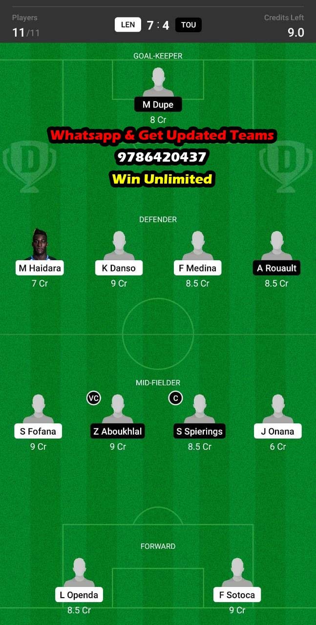 LEN vs TOU Dream11 Team fantasy Prediction Ligue 1