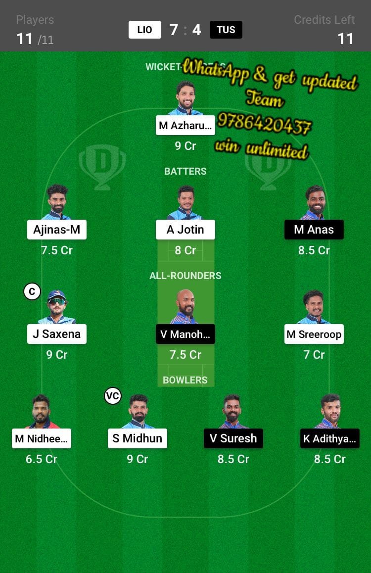 LIO vs TUS 28th Match Dream11 Team fantasy Prediction BYJU'S KCA President Cup T20