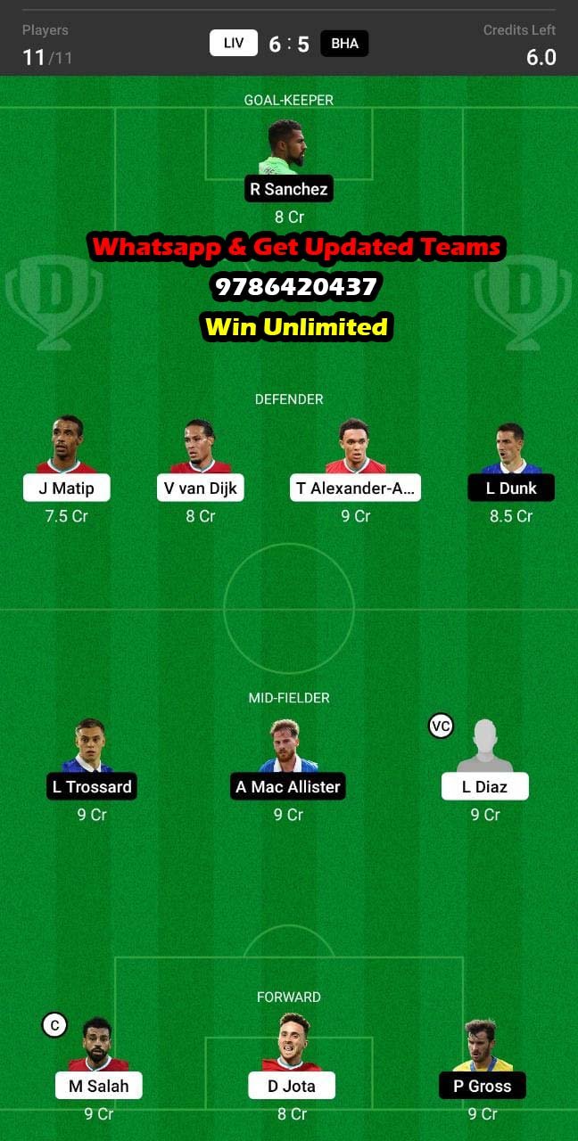 LIV Vs BHA Dream11 Team Fantasy Prediction: Premier League