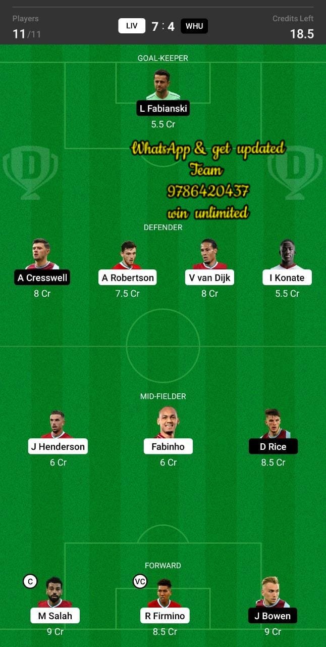 LIV vs WHU Dream11 Team fantasy Prediction Premier League